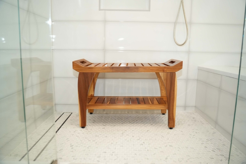 Shower Bench Transitional Spa Style with Curved Slatted Seat