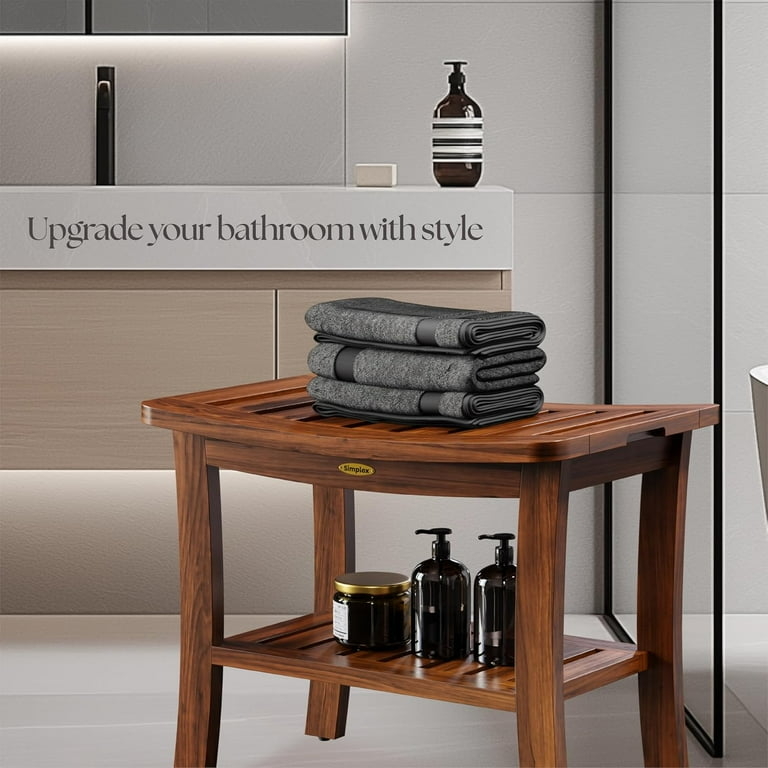 Shower Bench Two Tier Reddish Brown Tone Slatted Wood Shower Bench