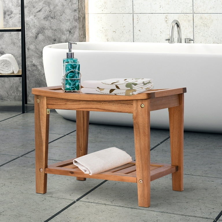Shower Bench Two Tier Slatted Wood with Curved Seat Spa Stool