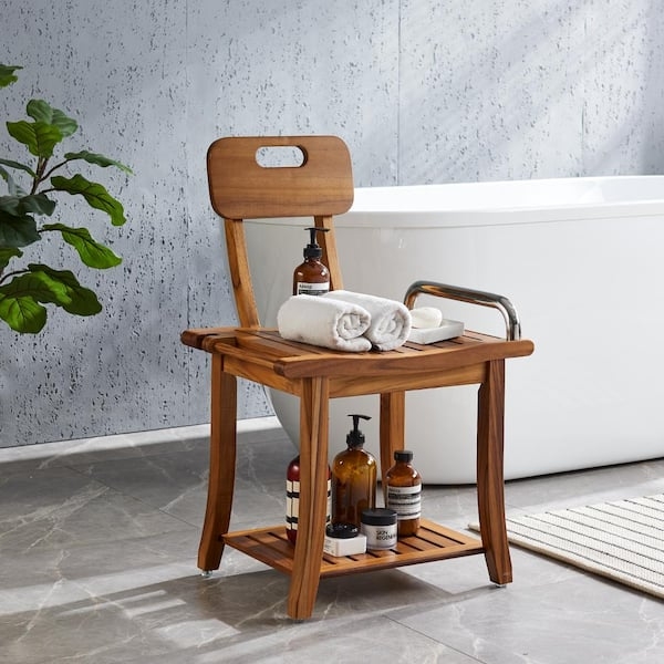 Shower Bench with Backrest and Side Handle Slatted Wood Seat