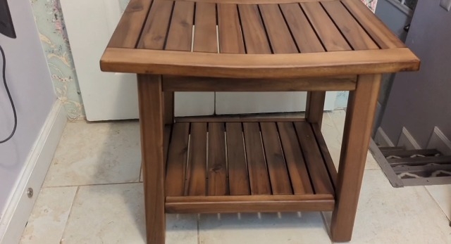 Shower Bench with Rounded Corners and Slatted Shelf for Minimalist Spa