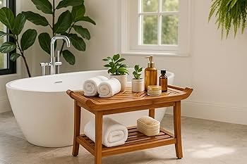 Shower Bench with Rounded Corners Slatted Seat and Storage Shelf