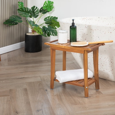 Shower Stool with Curved Slatted Seat and Lower Storage Shelf