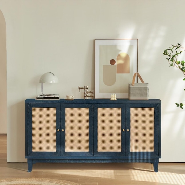 Sideboard Modern Organic Dining Room Storage Navy Blue Rattan Panels