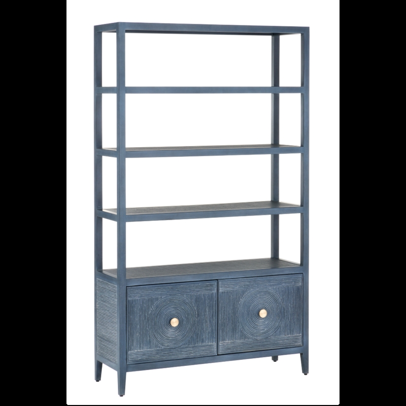 Six-Tier Etagere Navy Frame with Wood Shelves and Storage Base
