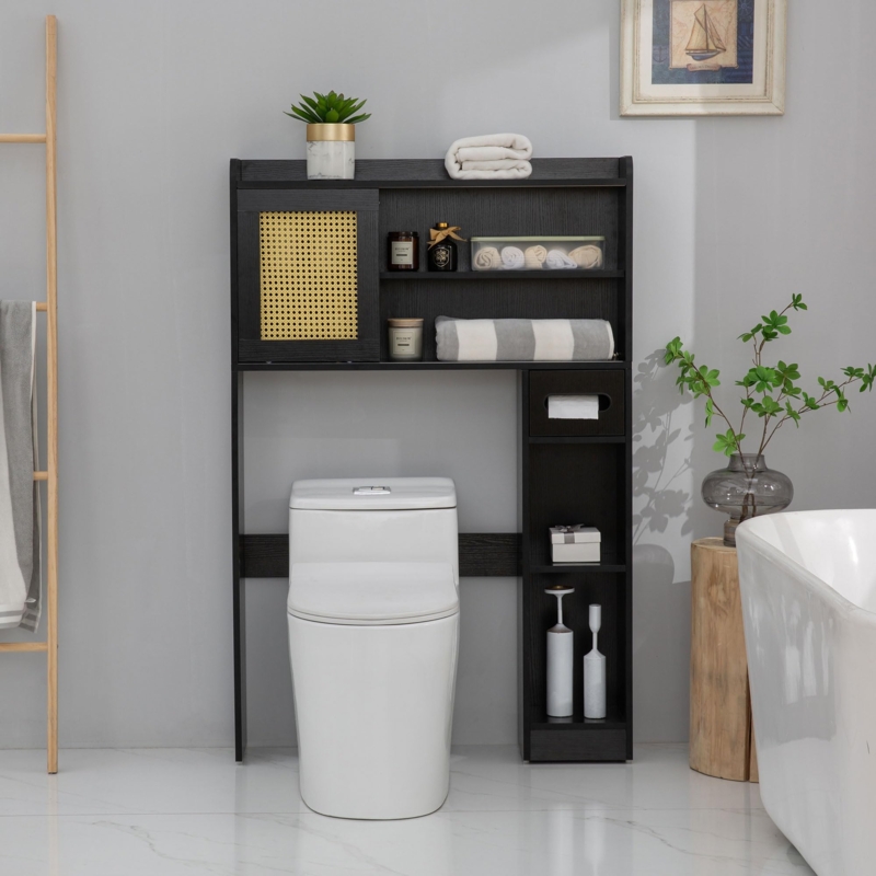 Six-Tier Over The Toilet Storage with Sliding Barn Door, Wood & Black.