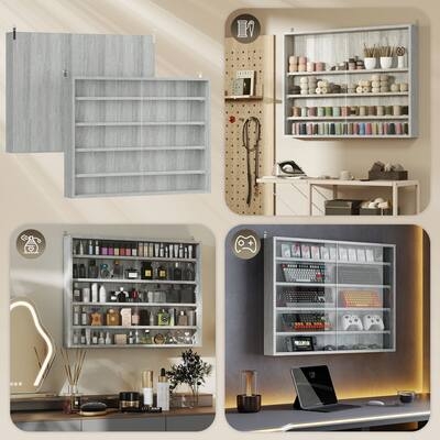 Slate Gray Display Cabinet with Glass Doors for Transitional Storage