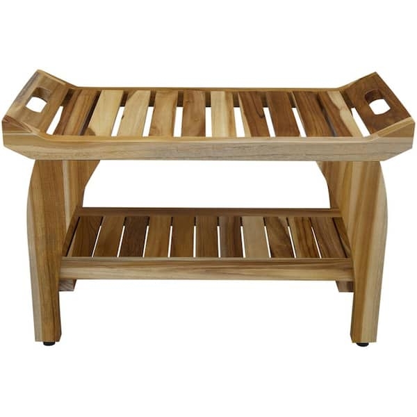 Slatted Shower Bench with Curved Handles in Natural Finish