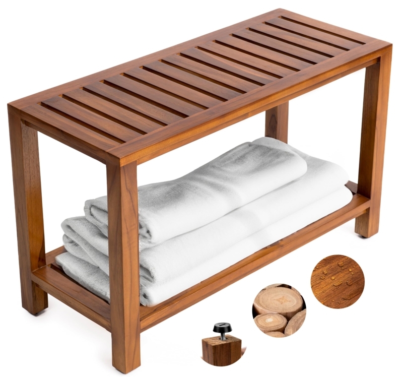Slatted Shower Bench with Integrated Handles and Lower Storage Shelf
