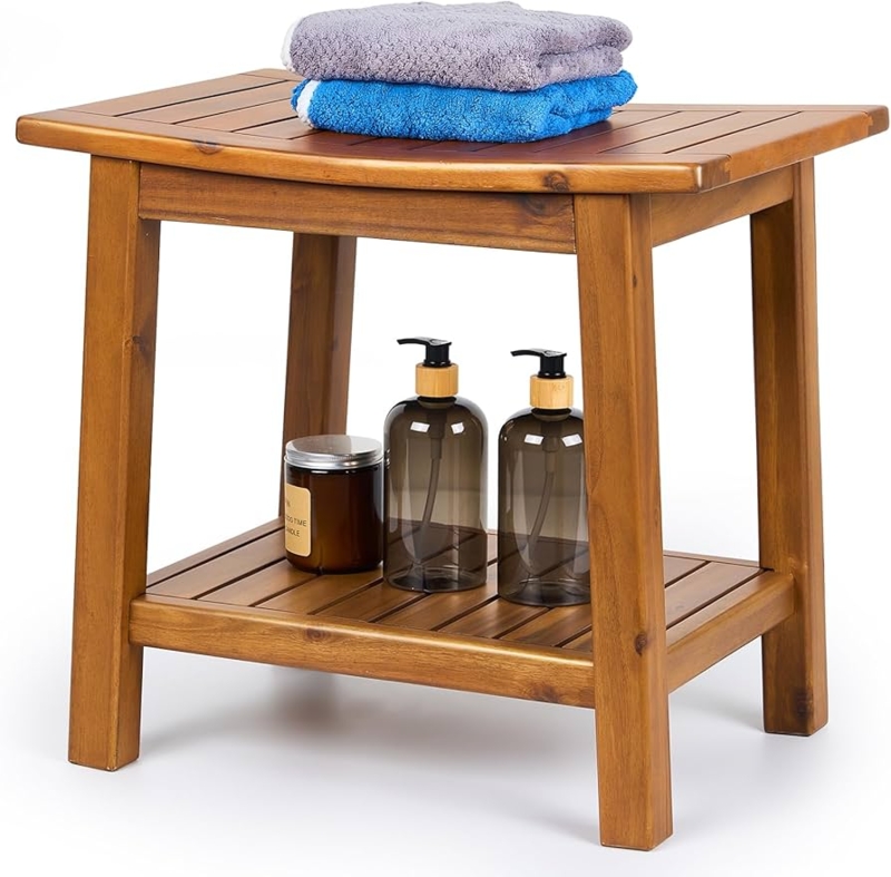 Slatted Shower Bench with Storage Shelf in Earthy Wood Tone