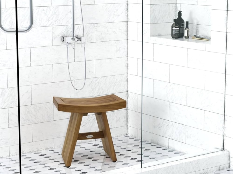 Slatted Wood Shower Bench featuring a Comfortable Concave Seat