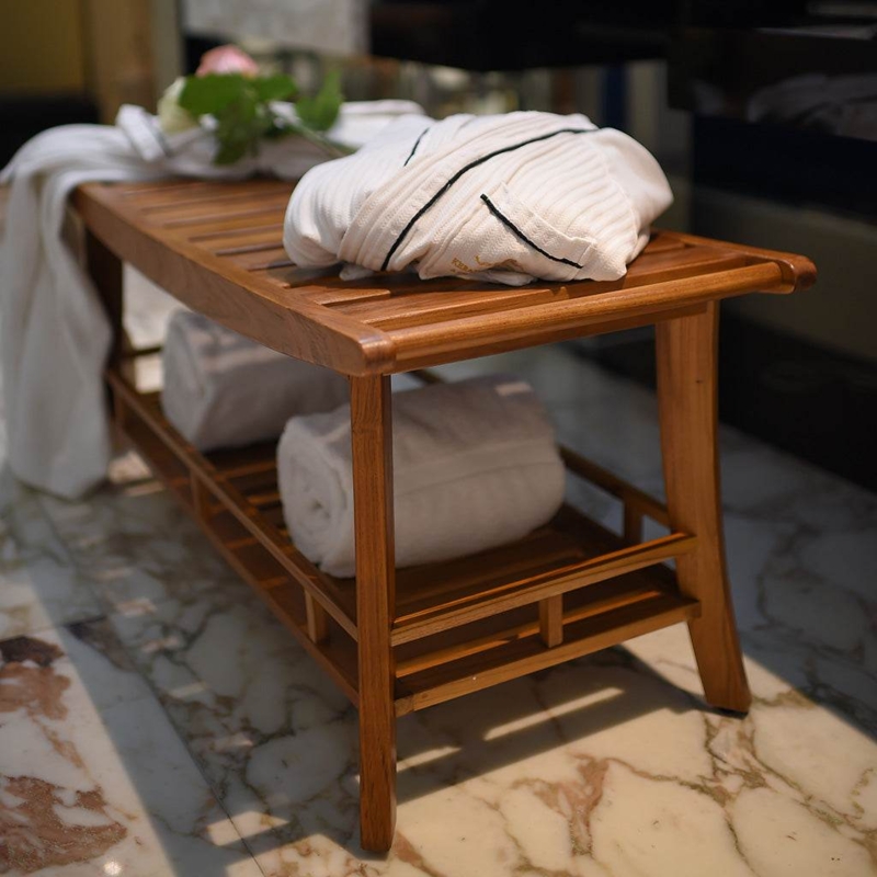 Slatted Wood Shower Bench with Tapered Legs for Patio or Spa