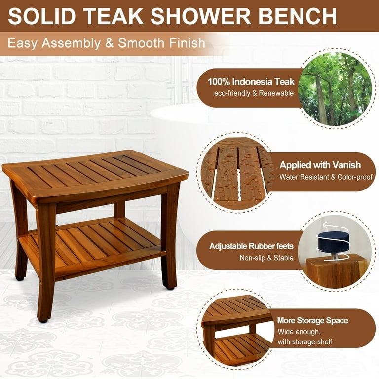Slatted Wood Shower Stool featuring Curved Legs and Side Rails