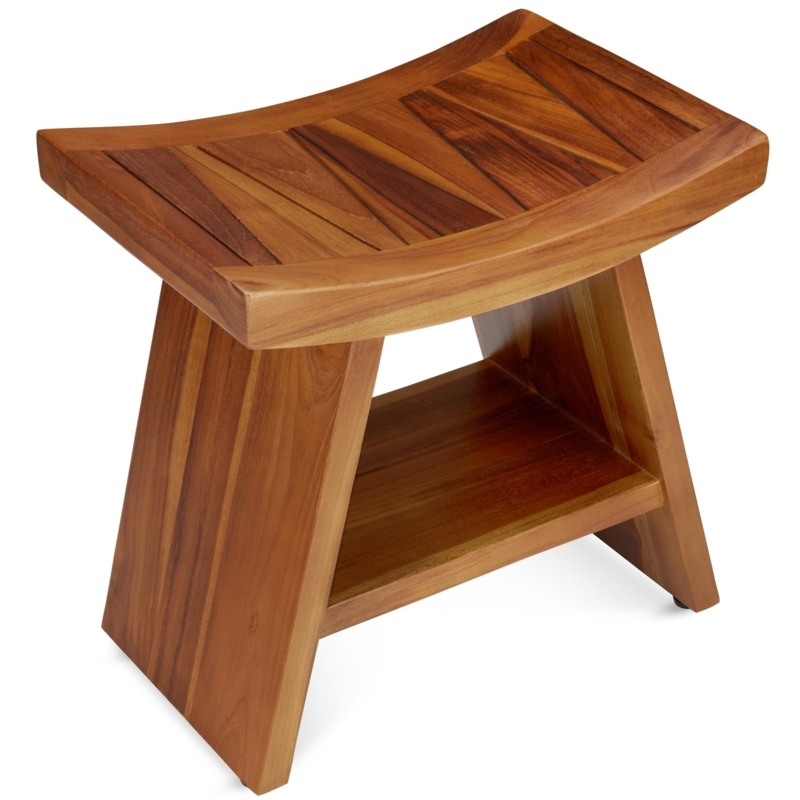 Slatted Wood Shower Stool with Curved Seat and Adjustable Leveling Feet
