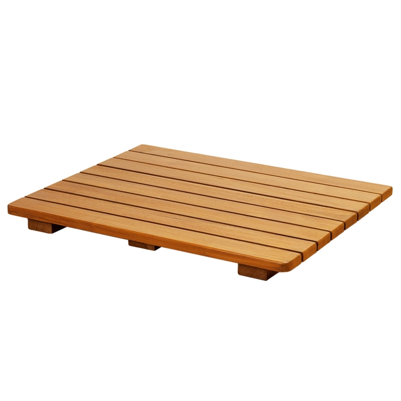 Slatted Wooden Shower Bench with Concave Curved Seat in Warm Brown