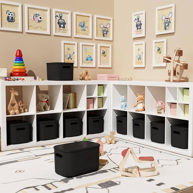 Sleek Storage Bins with Integrated Handles and Stackable Lids for Closets