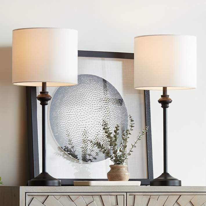Slender Buffet Lamps, Matte Black Finish, Tiered Base, Tapered Shade