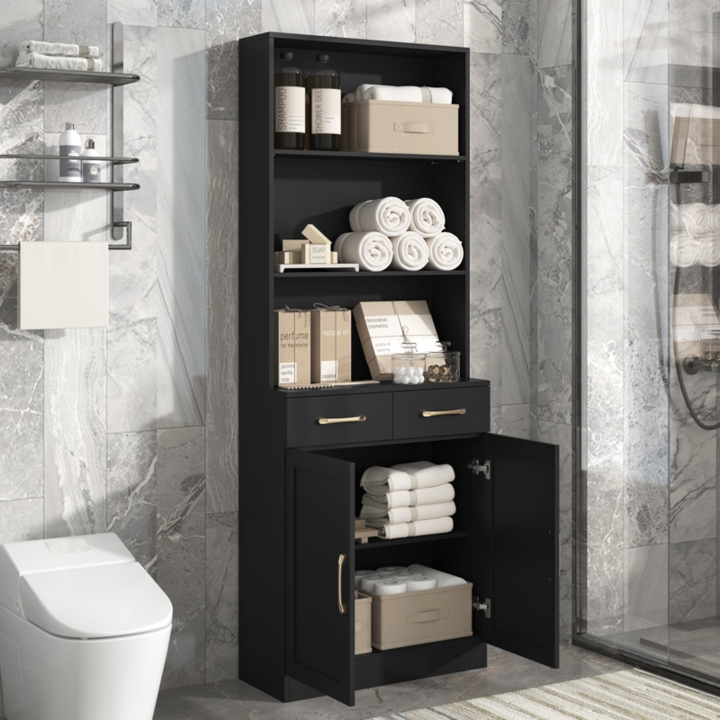 Slim Linen Cabinet with Dual Glass Doors and Central Drawers