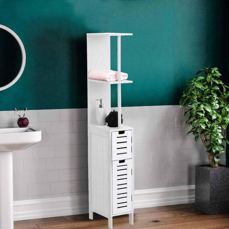Slim Linen Cabinet with Three Open Shelves and Cupboard