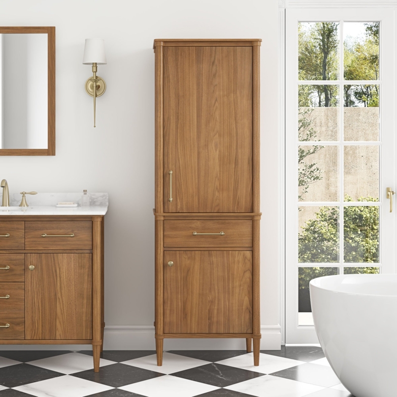 Slim Linen Tower with Open Shelves and Shaker Door