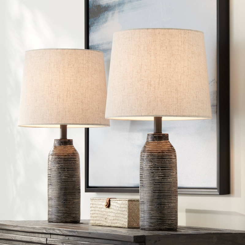 Slim Profile Table Lamps Set of 2 Matte Black Finish Oatmeal Shades