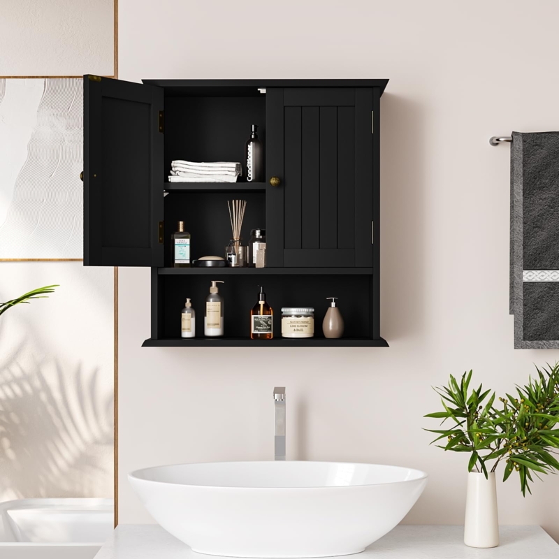 Small Black Wall Cabinet with Slatted Door and Open Shelving