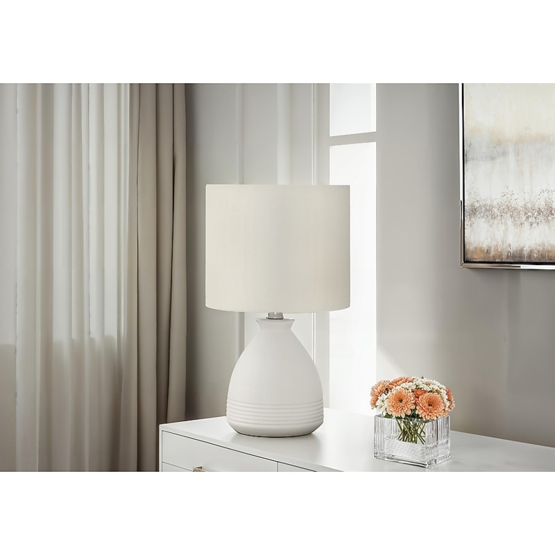 Small Table Lamp, Compact Size with Bulbous Ribbed Ceramic Base.