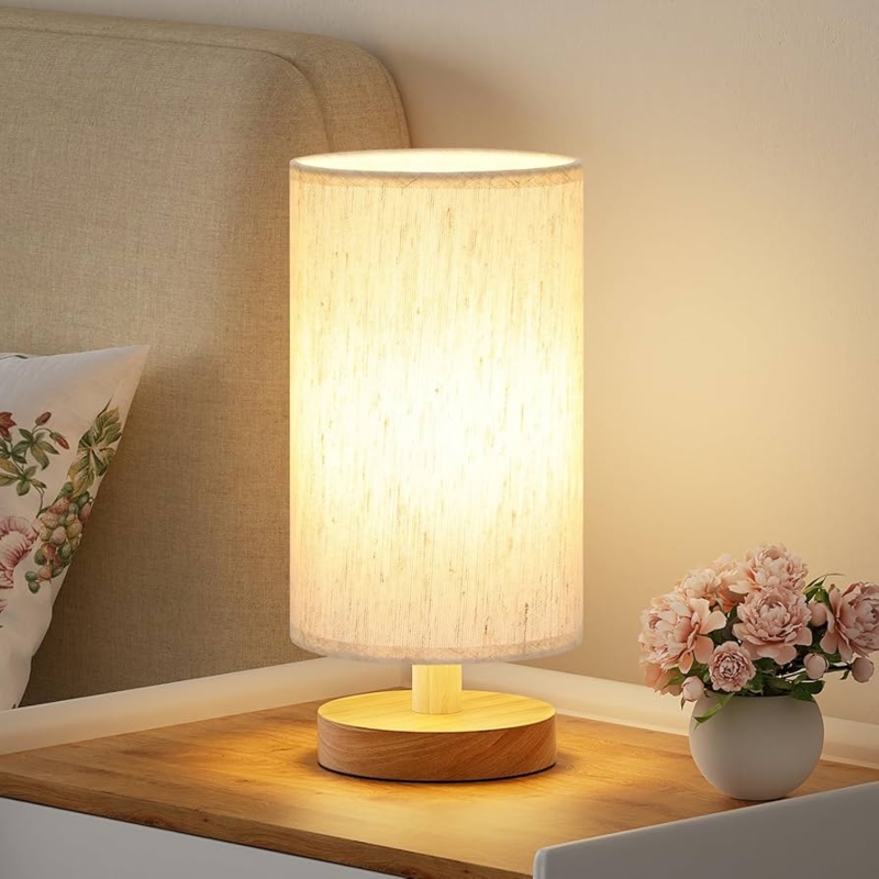 Small Table Lamp Natural Wood Base Cream Cylindrical Shade Bedside Light