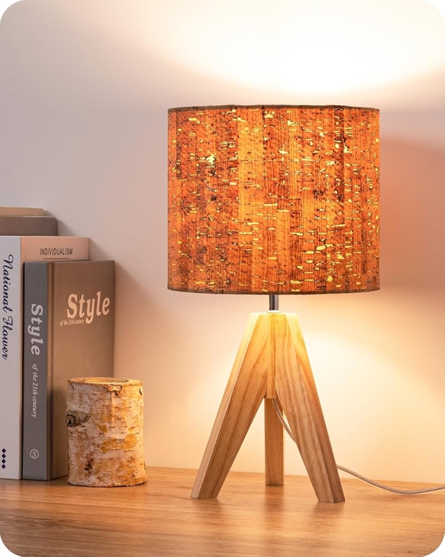 Small Table Lamp Wood Tripod Base with Linen Shade