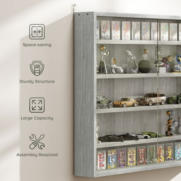 Small Wall Display Cabinet: Gray 5-Tier Glass Door Shotglass Case