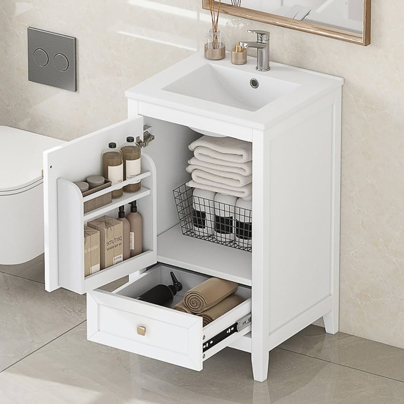 Small White Bathroom Vanity with Matte Black Hardware and Drawer
