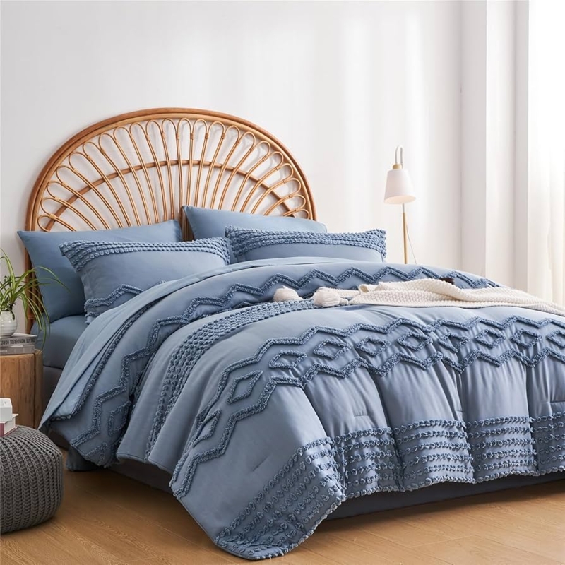 Soft Blue Tufted Comforter Set with Clipped Pom Pom Texture