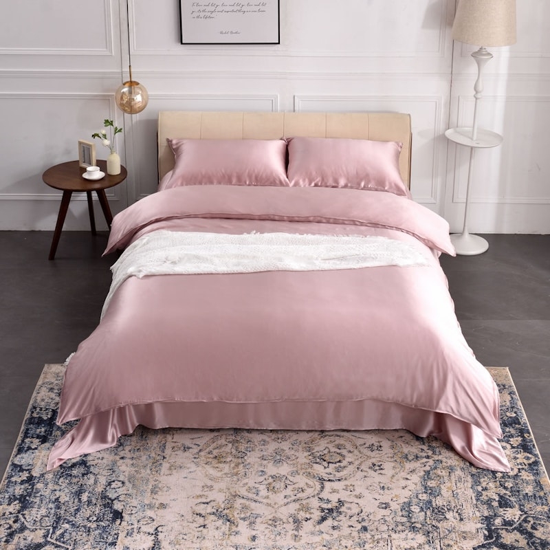Soft Pink Lustrous Bedding Set featuring Draped Duvet Cover Styling