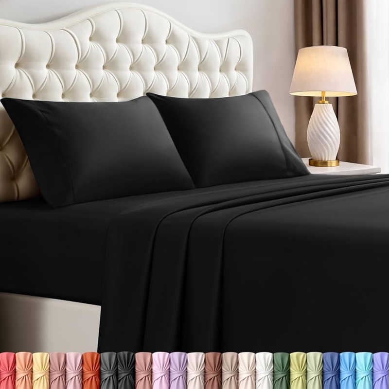 Solid Black Sheet Set with Channel Tufting and Layered Look.