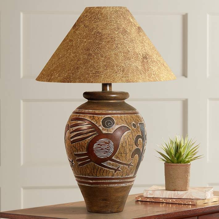 Southwest Table Lamp Handcrafted Pottery Base Bird Motif Rustic Decor