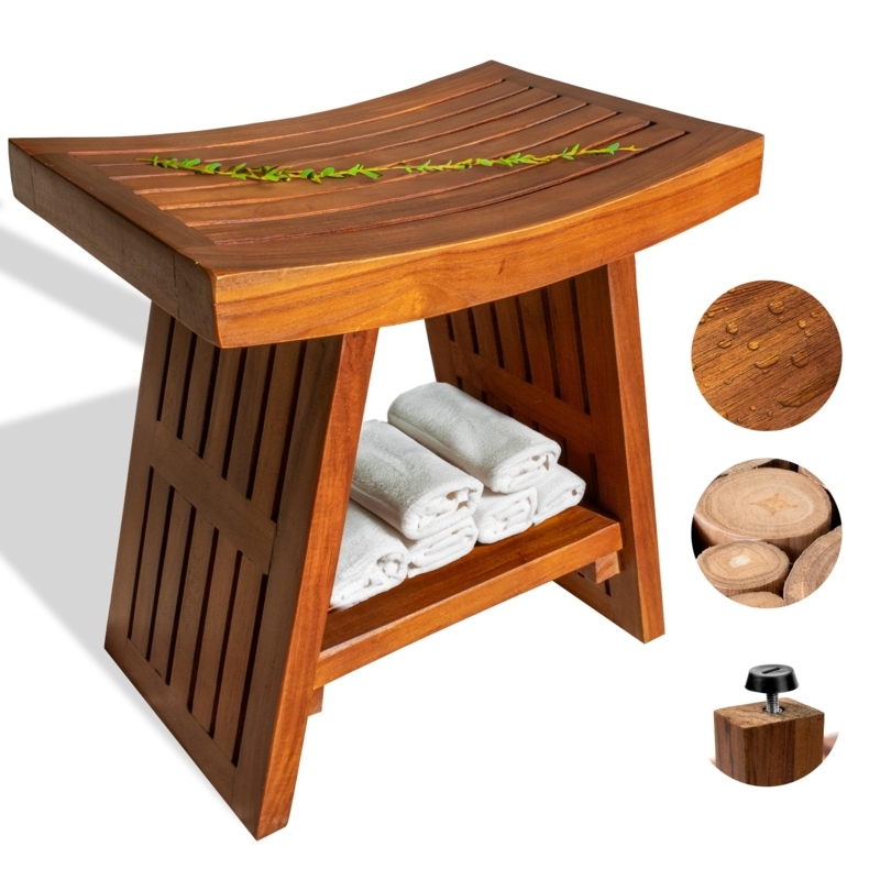 Spa Chic Wood Shower Bench with Tapered Legs and Integrated Storage