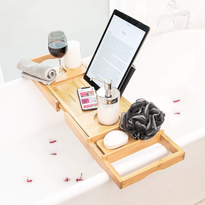 Spa-Inspired Bamboo Bathtub Caddy with Book Stand & Wine Holder