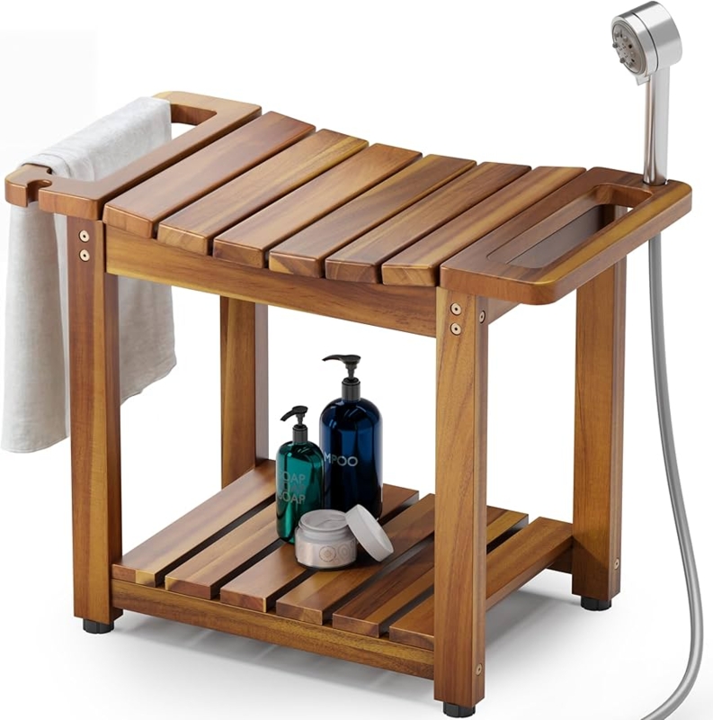 Spa Style Shower Bench with Curved Seat and Single Side Handle Cutout