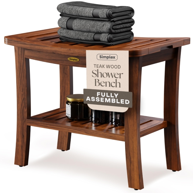 Spa Style Shower Bench with Curved Slatted Seat and Shelf