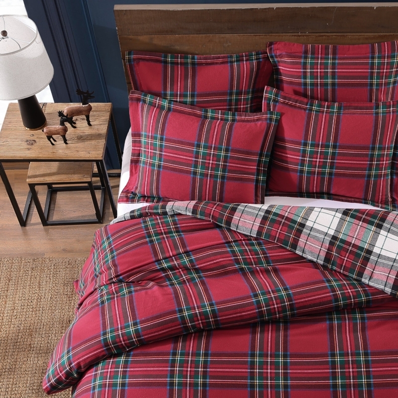 Spencer Plaid Flannel Duvet Set, Red Cream Reversible