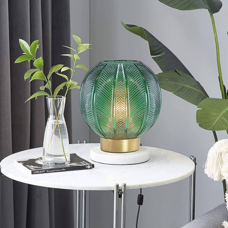 Spherical Green Glass Table Lamp Ribbed Mid Century Modern