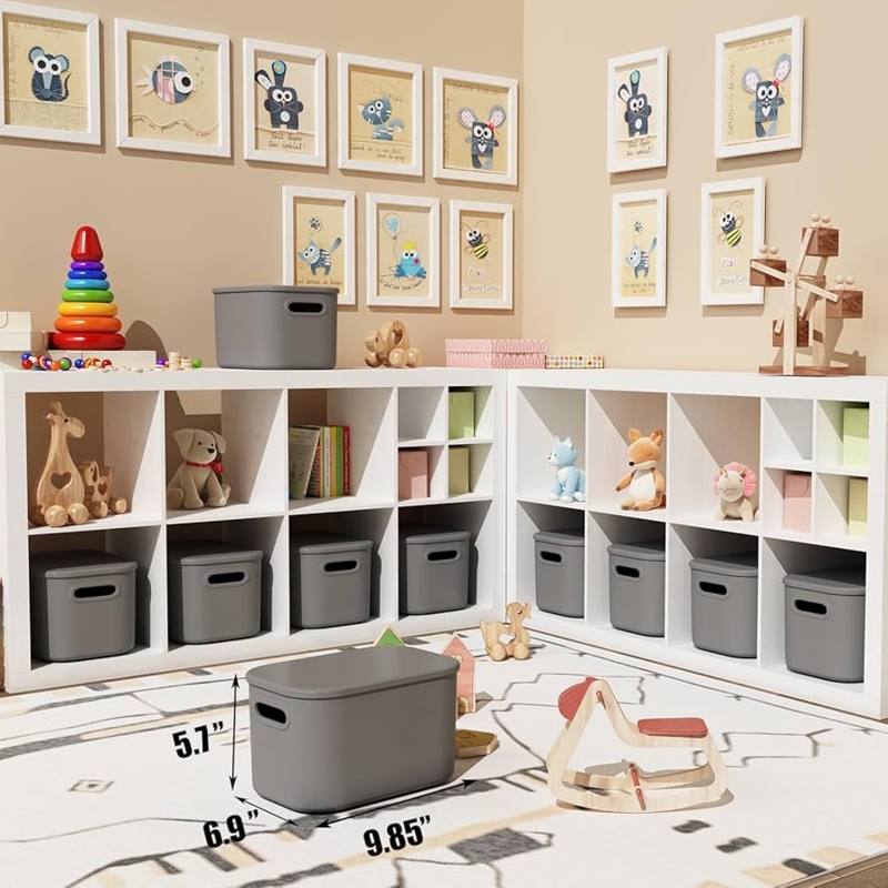 Stackable Bins, Dark Grey Monochrome with Recessed Lids and Cutout Handles