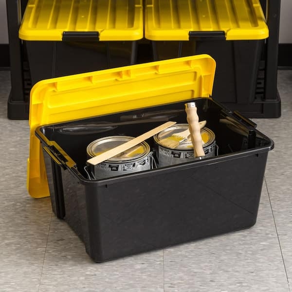 Stackable Plastic Storage Bins with Red Latching Lids for Garage