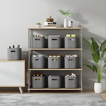 Stackable Storage Bins, Dark Grey, Cutout Handles, Minimalist Pantry Organizers