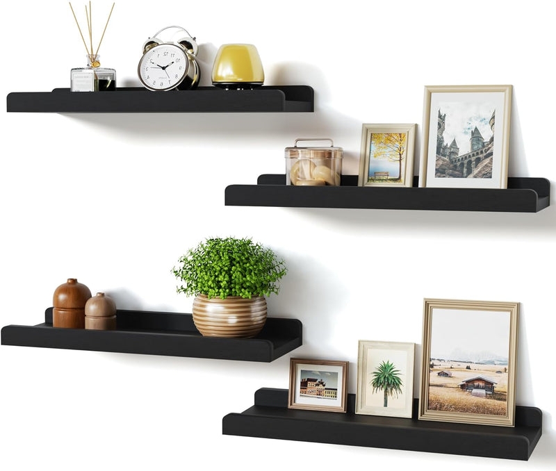 Staggered Floating Shelves: Black Metal and Wood with Raised Lip Frame