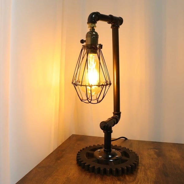 Steampunk Desk Lamp Iron Pipe Wire Cage Red Valve Handle Rustic