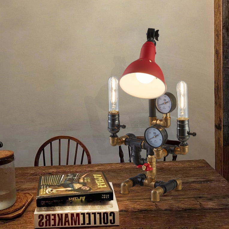 Steampunk Industrial Table Lamp Silver Plumbing Pipe Robot 3-Light