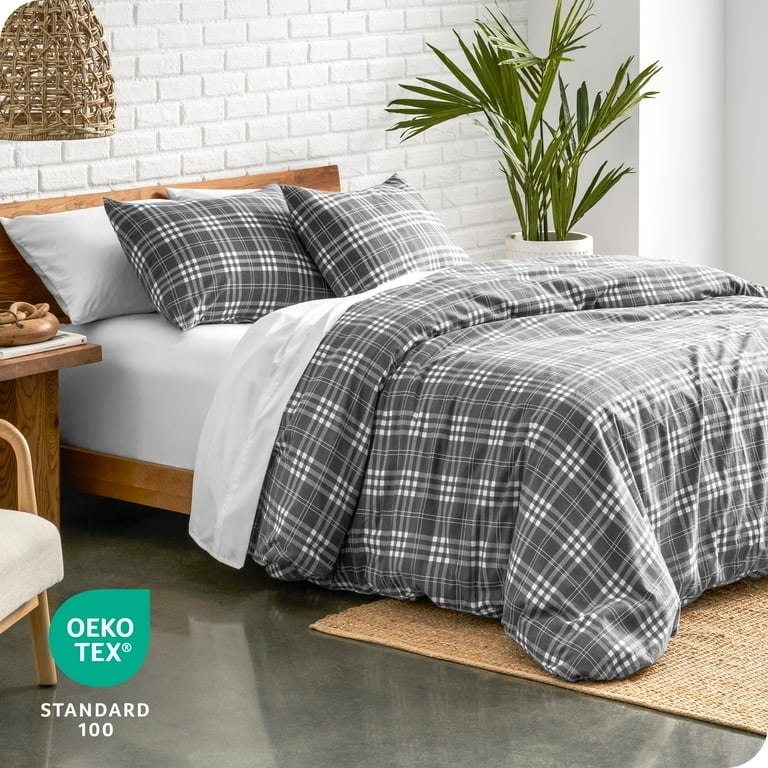 Stirling Plaid Flannel Duvet Set, Grey White Heavyweight