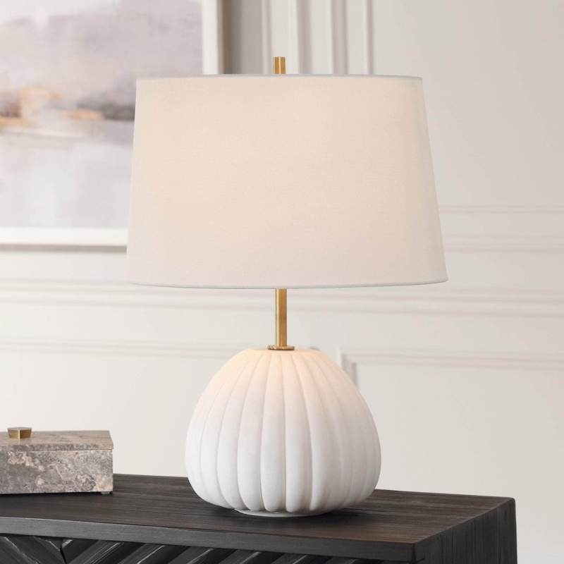 Stone-Like Table Lamp with Horizontal Ribbing and Gold Neck Accent