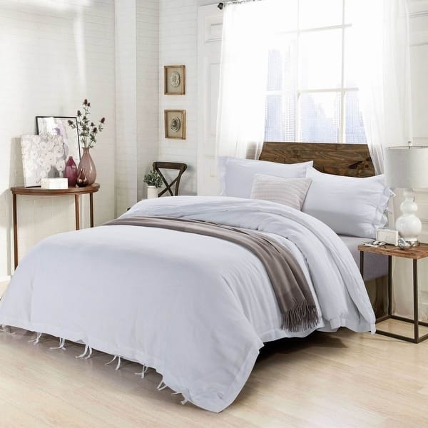 Stone Washed Linen Duvet Cover Set With Bow Ties, Beige Bedding.